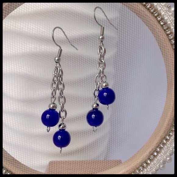 Cobalt Blue Stainless Steel Chain Beaded Earrings - Picture 9 of 9